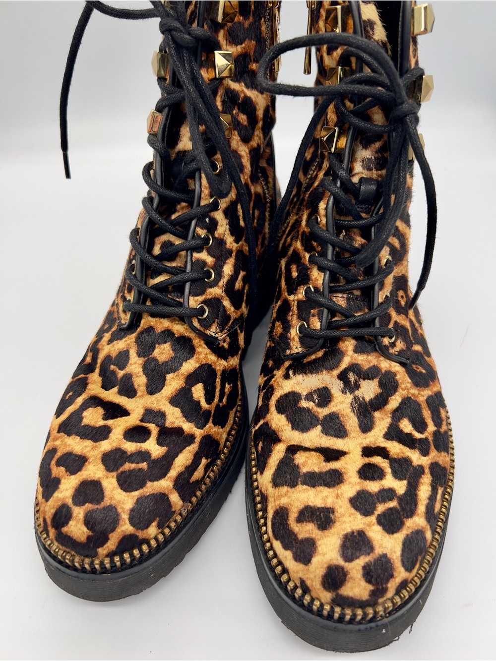 Michael Kors Leopard Print Lace-Up Ankle Boots with Gold Studs - Picture 2 of 7